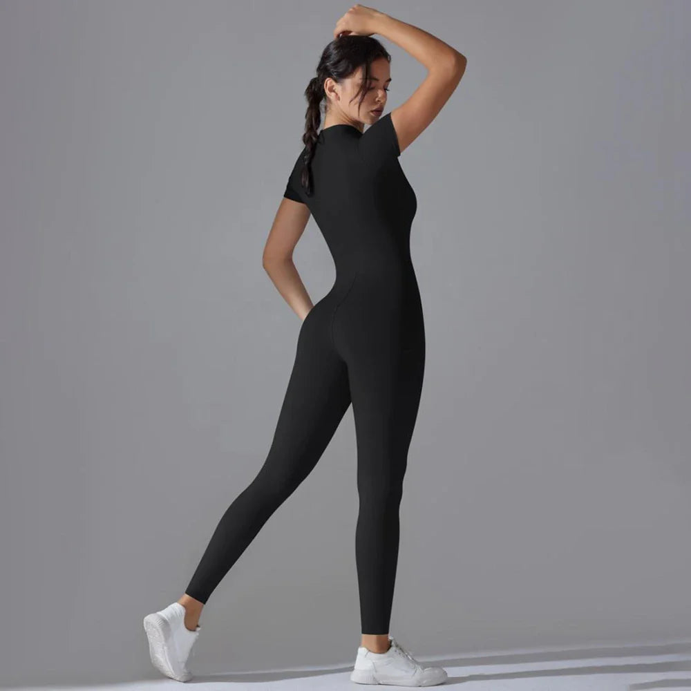 Womens Short Sleeve Yoga Jumpsuit Slim Fit Stretch One Piece Romper with Front Zipper Sexy Fitness Activewear Basic Sportwear in Black