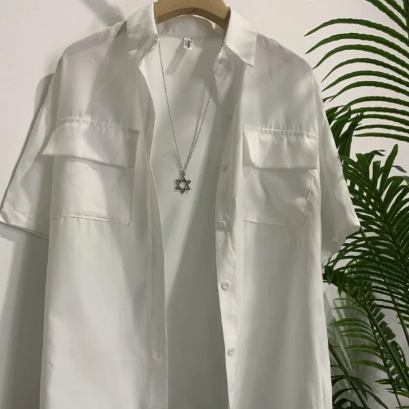 Women's Black Blouse with Necklace Decoration Summer Shirt Loose Fit Short Sleeve Pocket Design Preppy Collar Stylish Blusas