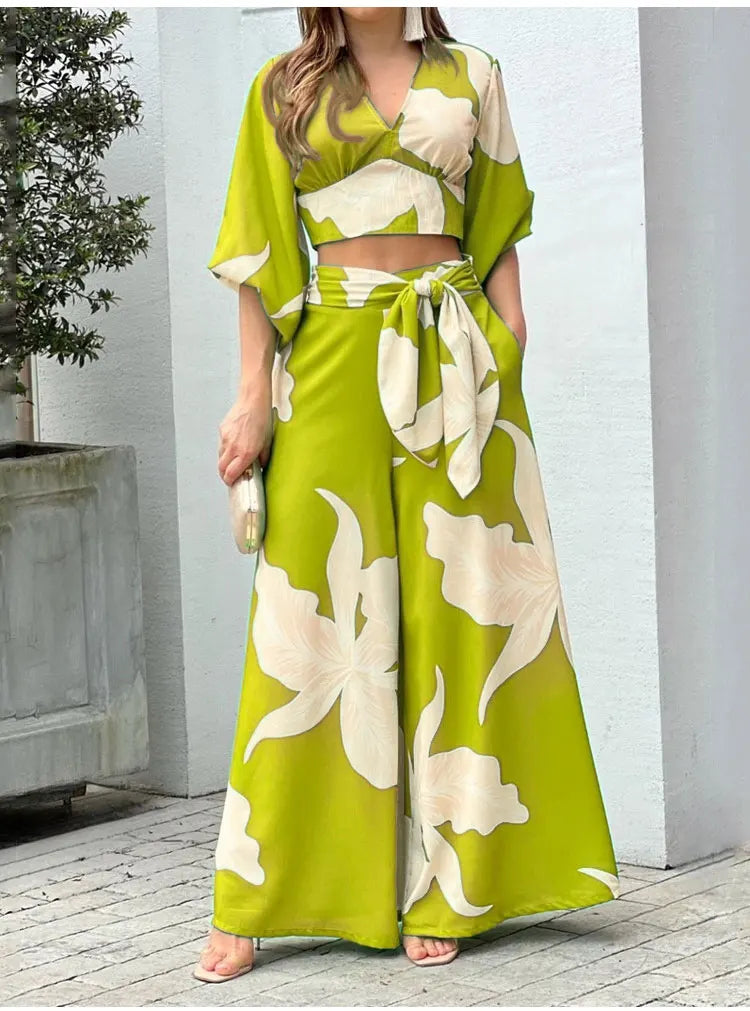 Casual Women's Two Piece Set Autumn V Neck Crop Top and High Waist Wide Leg Pants Outfit