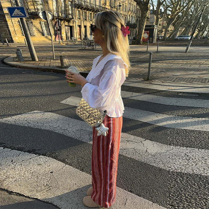 Women's Sweet Solid White Blouse with Front Bow Lace-Up Long Sleeves Elegant Casual Summer Top