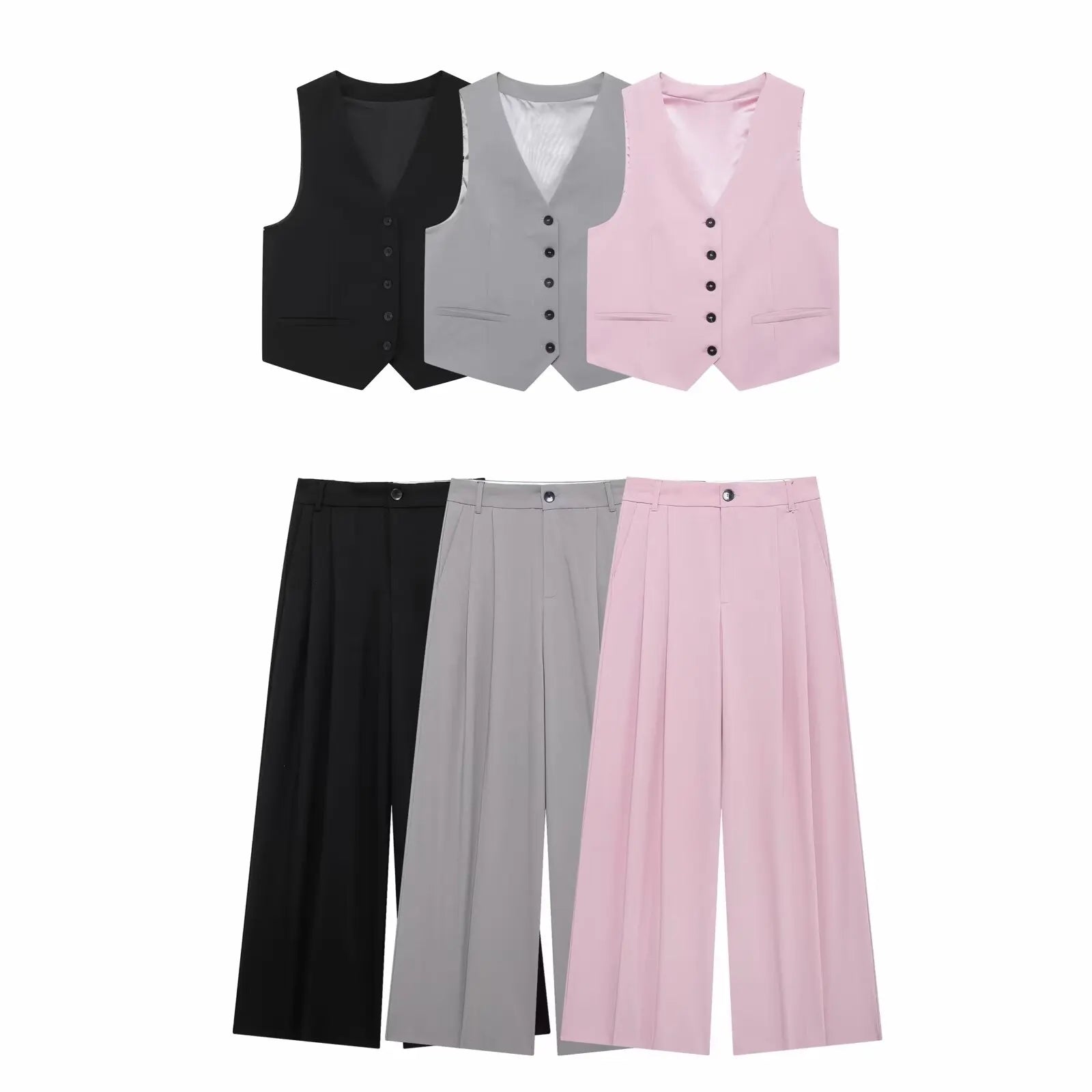 Women Solid Pant Sets with Adjustable Back Strap and V-Neck Vest High Waist Trousers Fashion Outfit