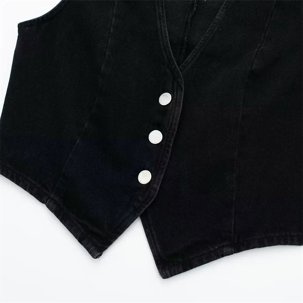 Women's Chic Short Denim Tank Top and Double Breasted Midi Denim Skirt Set Slimming Casual Fashion Ensemble