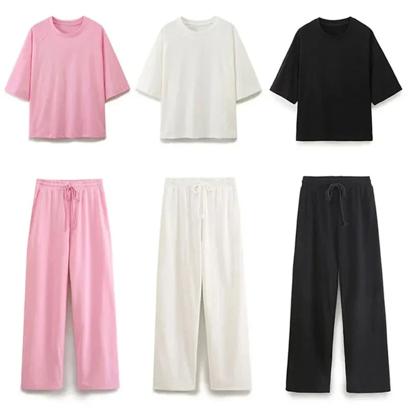 Women's Solid Casual Trouser Set with Short Sleeve T-Shirt and Elastic Waist Wide Leg Pants