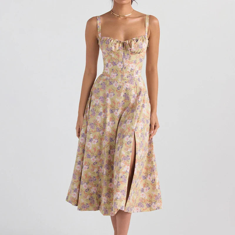 Boho Spaghetti Strap Midi Dress With Tie Front Floral Print