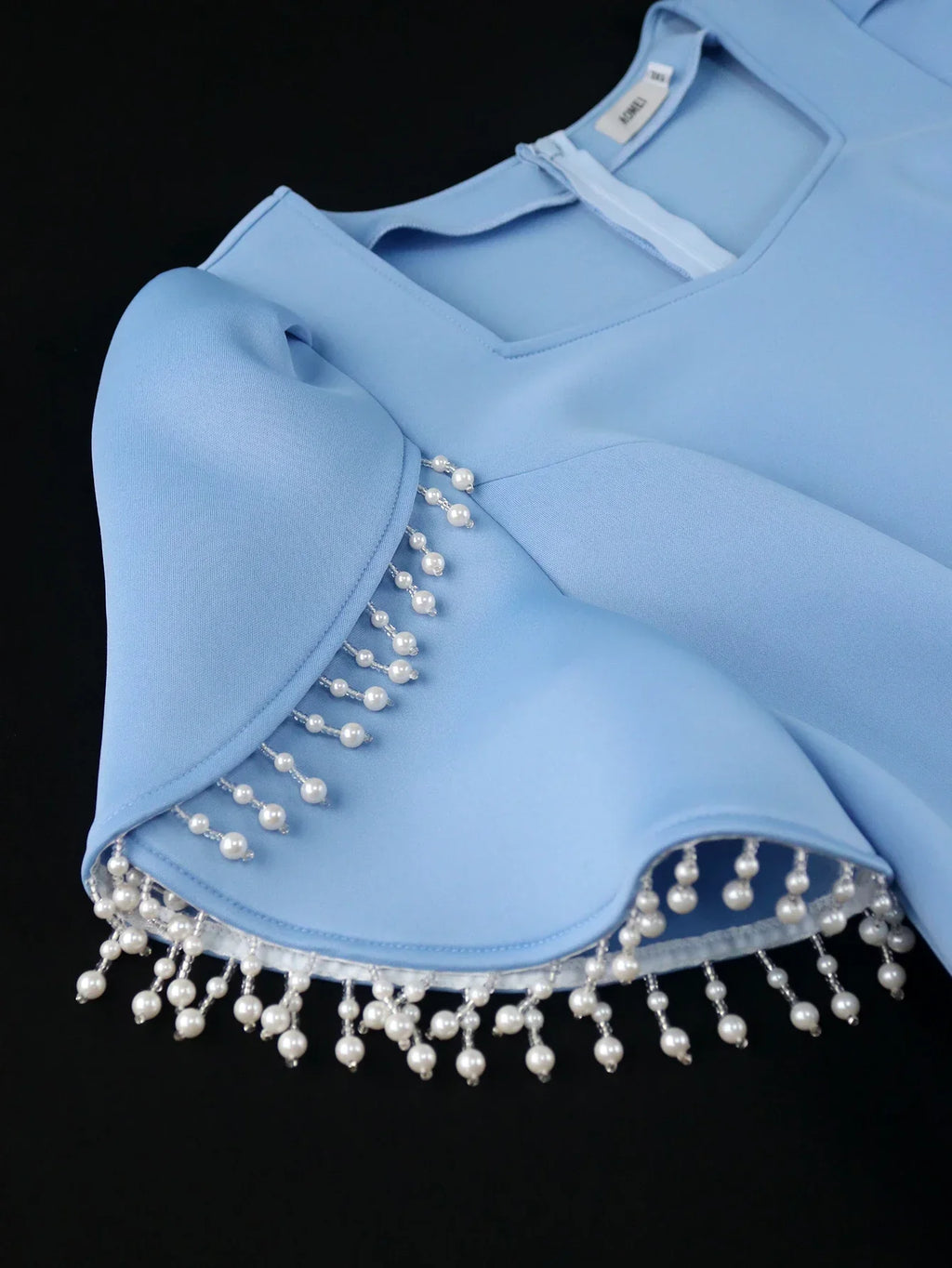 Blue Tassel Evening Gown Square Neck Beaded Patchwork Dress