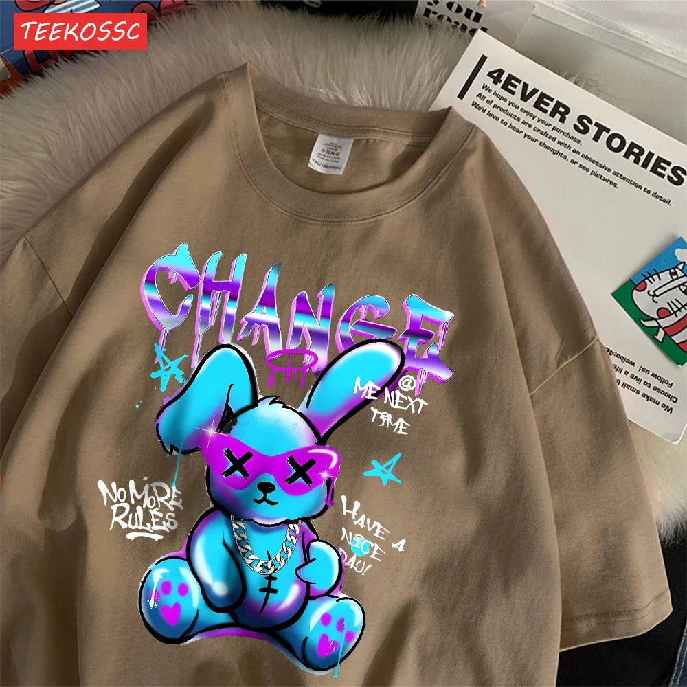 Trendy Cartoon Rabbit Print Summer T-Shirts for Women in Soft Cotton Short Sleeve Loose Fit Casual Tops