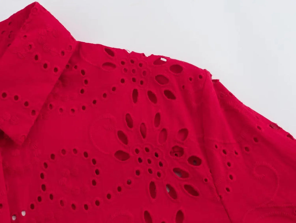 Women Casual Embroidered Hollow Single Breasted Lapel Shirt Top Long Sleeve Curved Hem Loose Fit Blouse