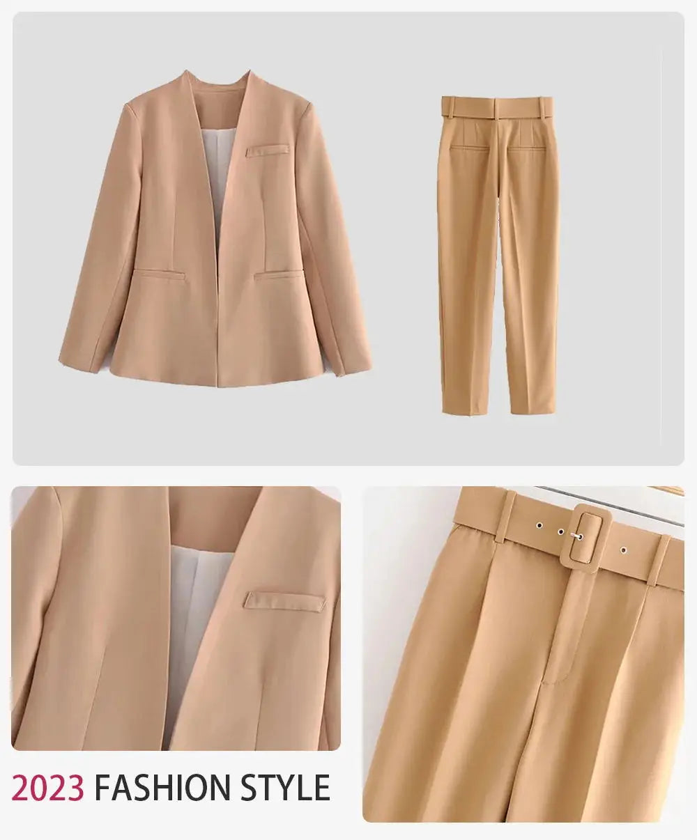 Women's Solid Color Office Suit Coat and High Waist Ankle-Length Pants Set