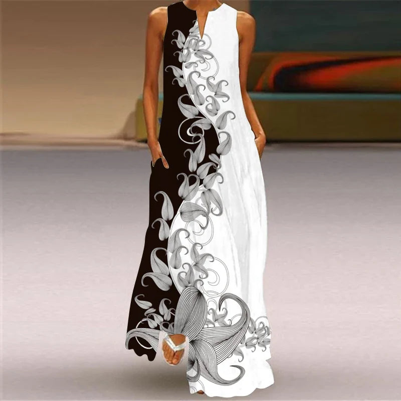 V Neck Sleeveless Printed Maxi Dress For Women Summer Style
