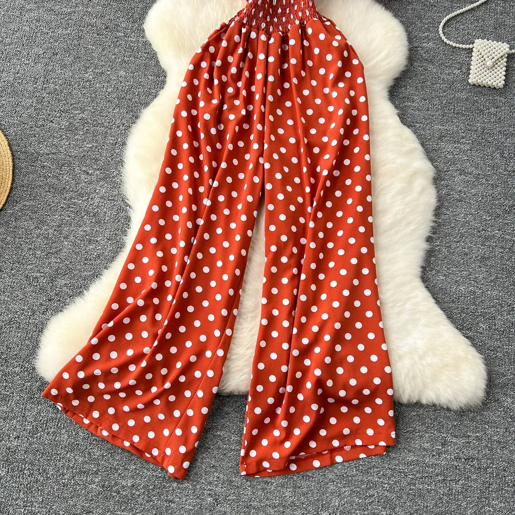 Elegant Polka Dot Romper for Women V-Neck Short Sleeve High Waist Wide Leg Jumpsuit Loose Fit Summer Playsuit
