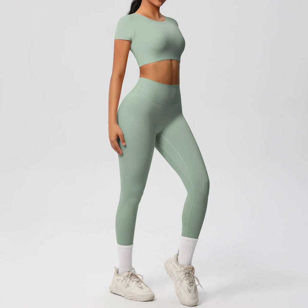 Yoga Set for Women Fitness Sportswear with Short Sleeve Top and High Waist Leggings