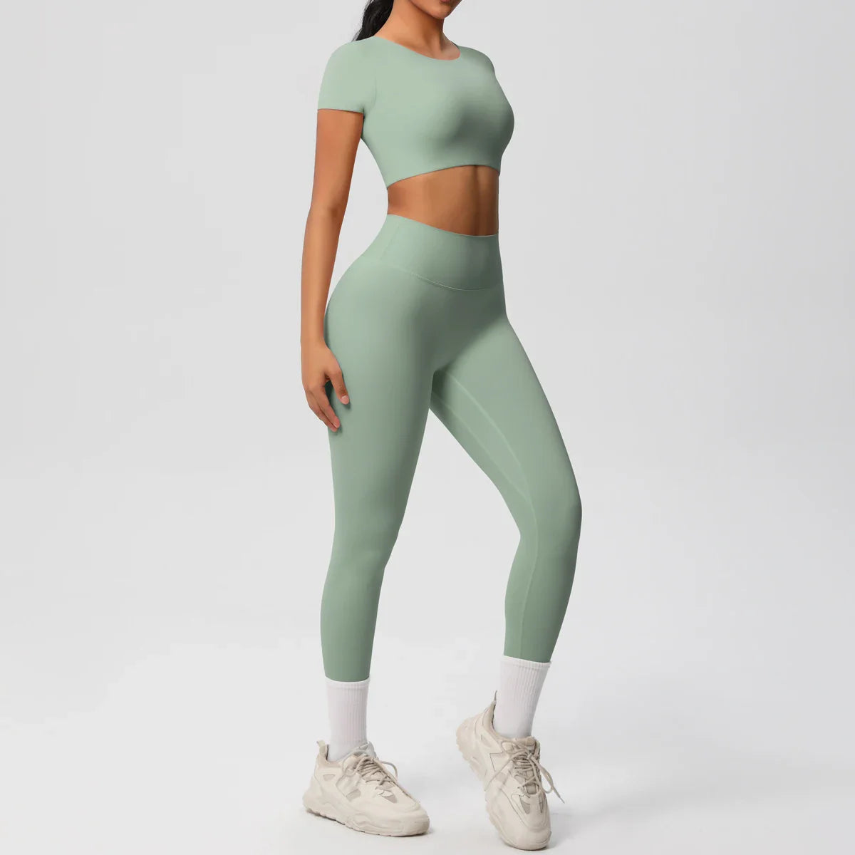 Yoga Set for Women Fitness Sportswear with Short Sleeve Top and High Waist Leggings