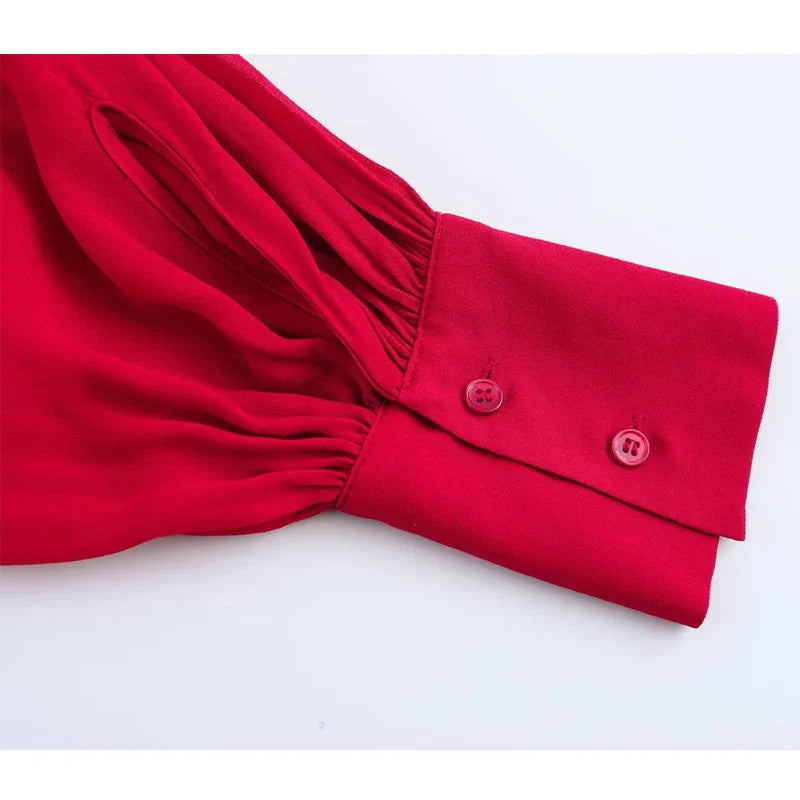 Red Bow Pleated Semi Sheer Womens Blouse Chic Button Up Shirt Elegant Spring Top for Women