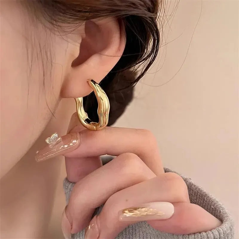 Gold Color Metallic Geometric Hoop Earrings for Women Personalized Irregular Design Party Jewelry