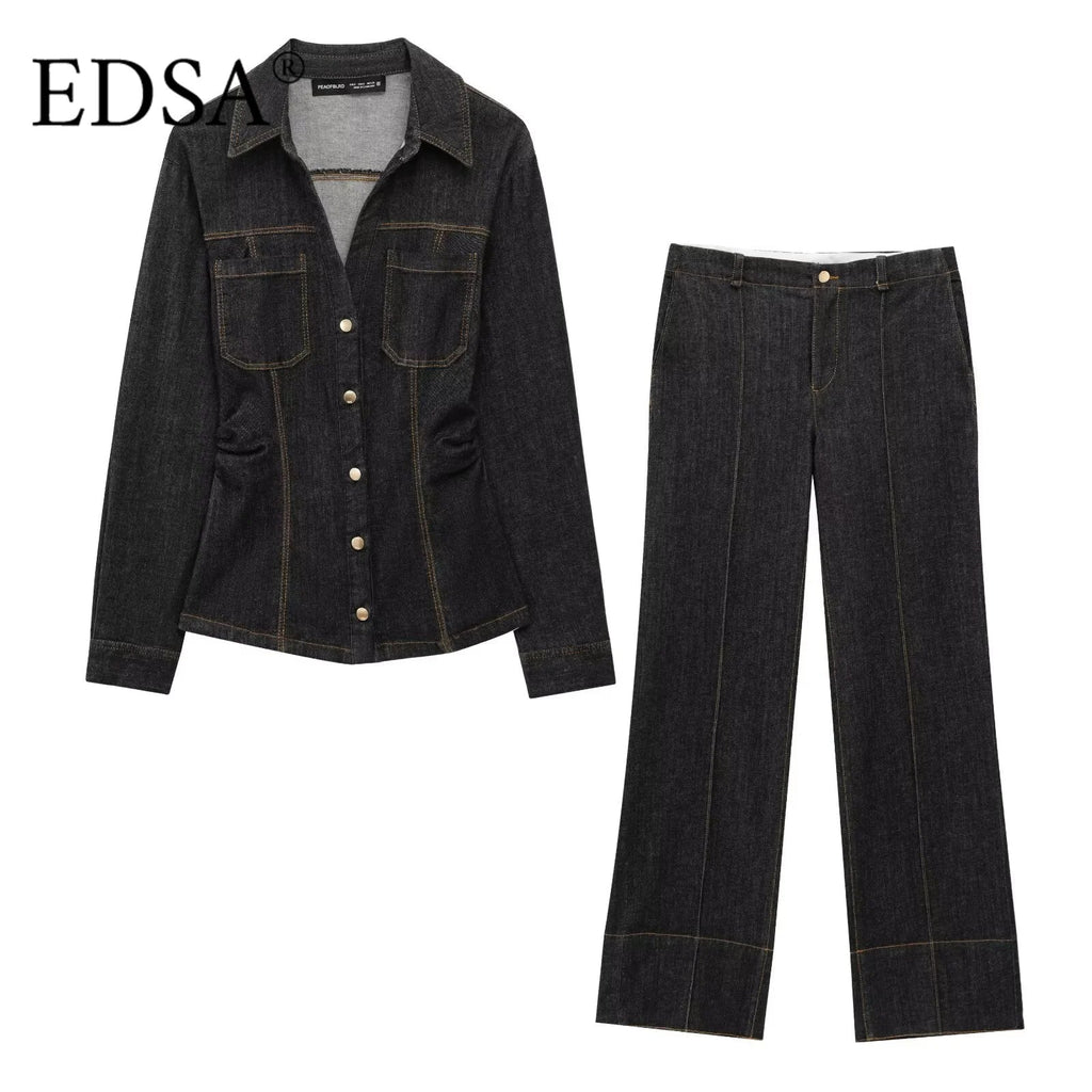 Women Black Denim Pants Set with Fitted Shirt and Patch Pockets Straight Leg Jeans Suit
