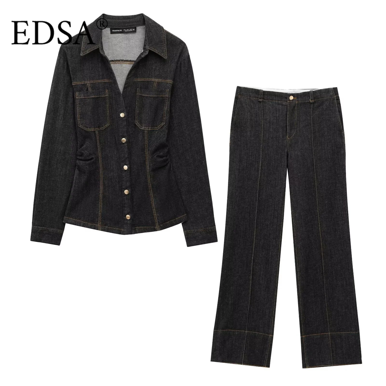 Women Black Denim Pants Set with Fitted Shirt and Patch Pockets Straight Leg Jeans Suit