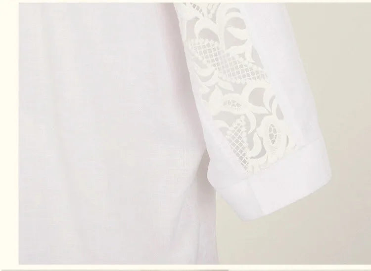Sexy White Lace Patchwork Chiffon Button-Up Shirt for Women Casual Loose Half Sleeve Blouse Summer Top