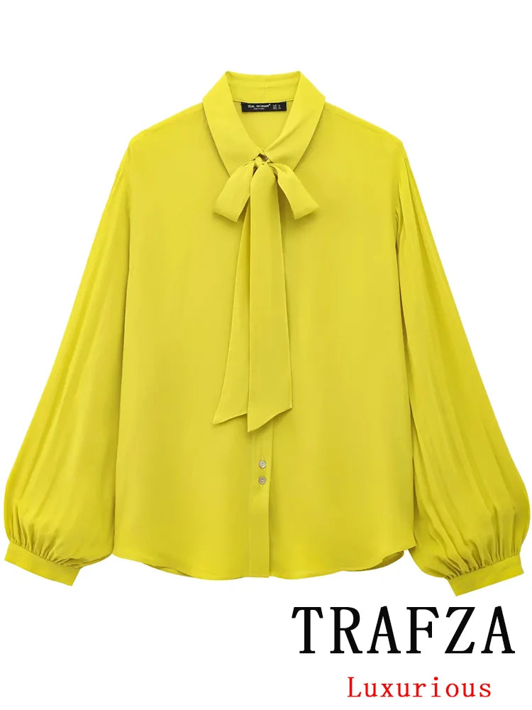 Yellow Chiffon Loose Fit Long Sleeve Shirt for Women with Bow Tie and Button Detail Casual Office Blouse