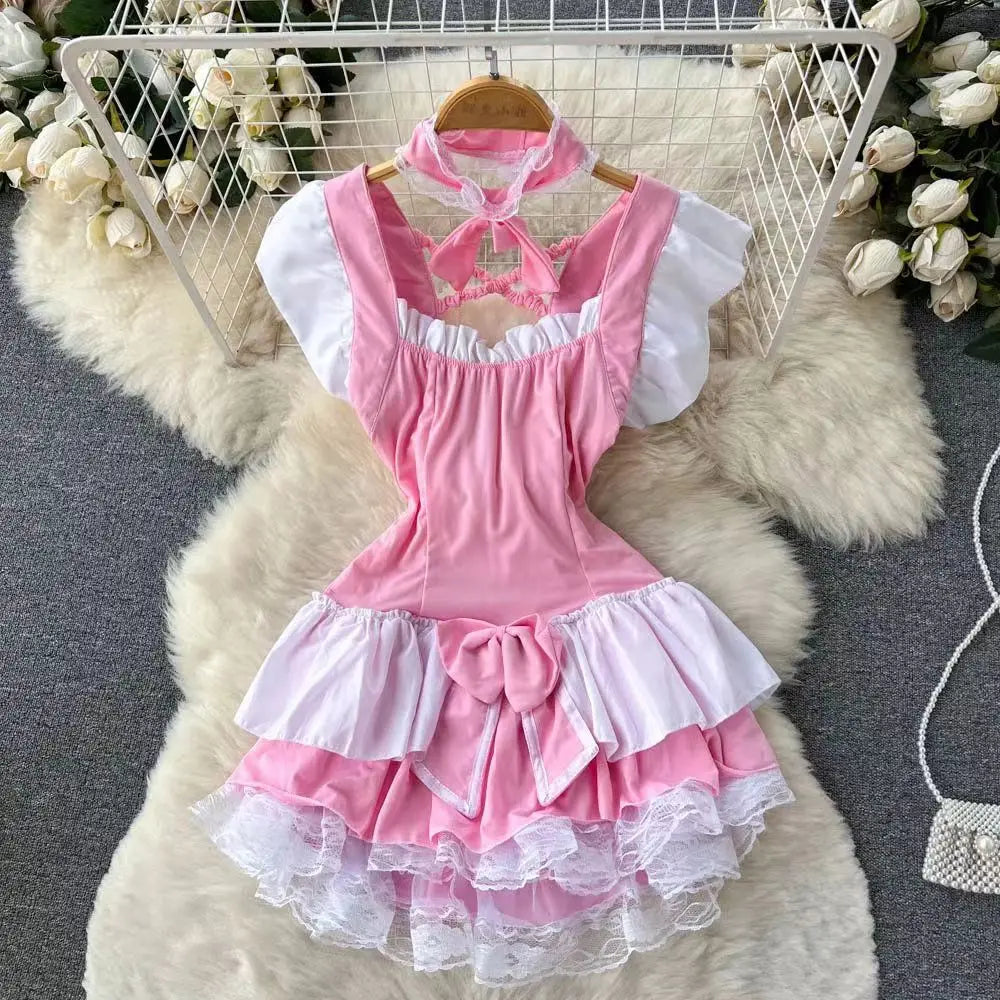 Pink Lolita Maid Dress Mini Short Patchwork Lace Details