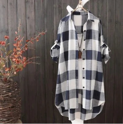 Casual Plaid Linen Cotton Long Sleeve Blouse Mid Length Loose Button Down Shirt for Women Autumn and Winter Fashion