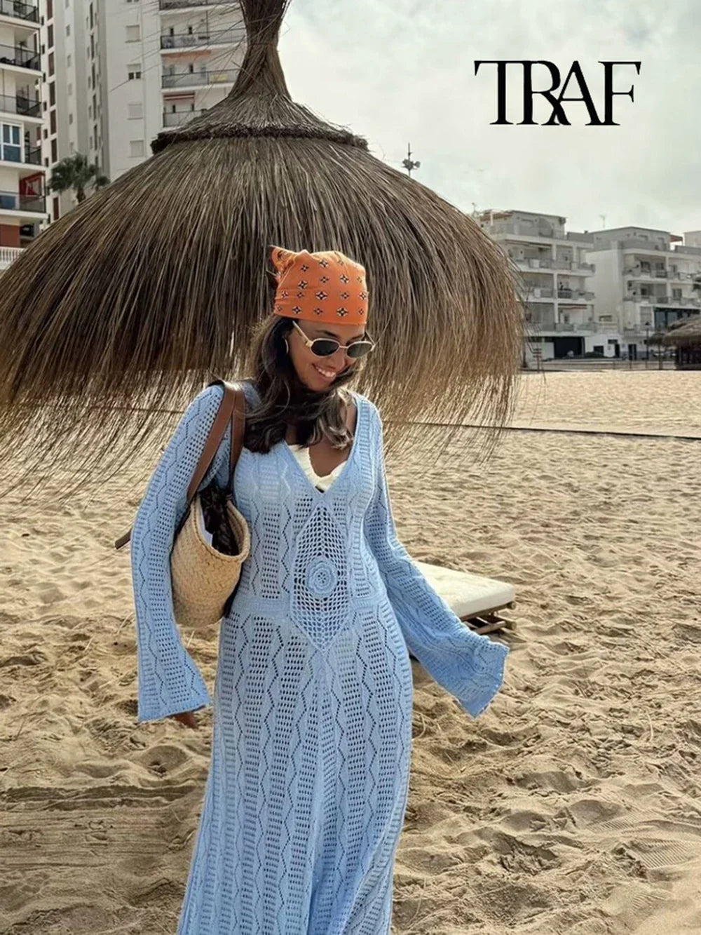 Blue Knit Beach Maxi Dress V Neck Long Sleeve Sheer