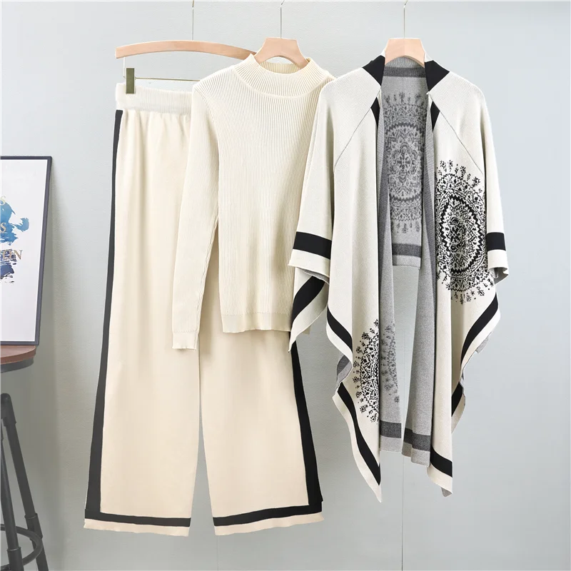 Cozy Knit Shawl Sweater Three Piece Set for Women Loose Wide Leg Pants Casual Jacket Solid Color Autumn Winter Outfit