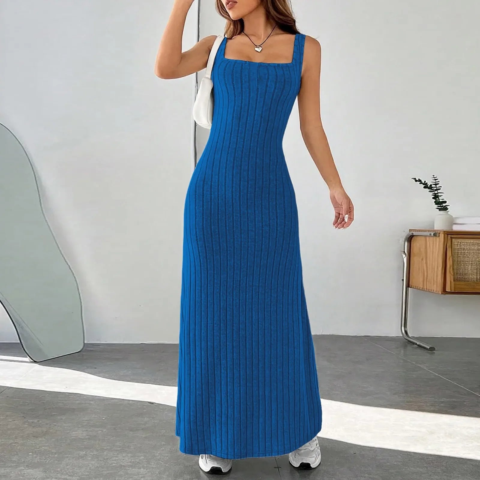 Floral Sundress For Women Pockets Square Neck Tank Dress