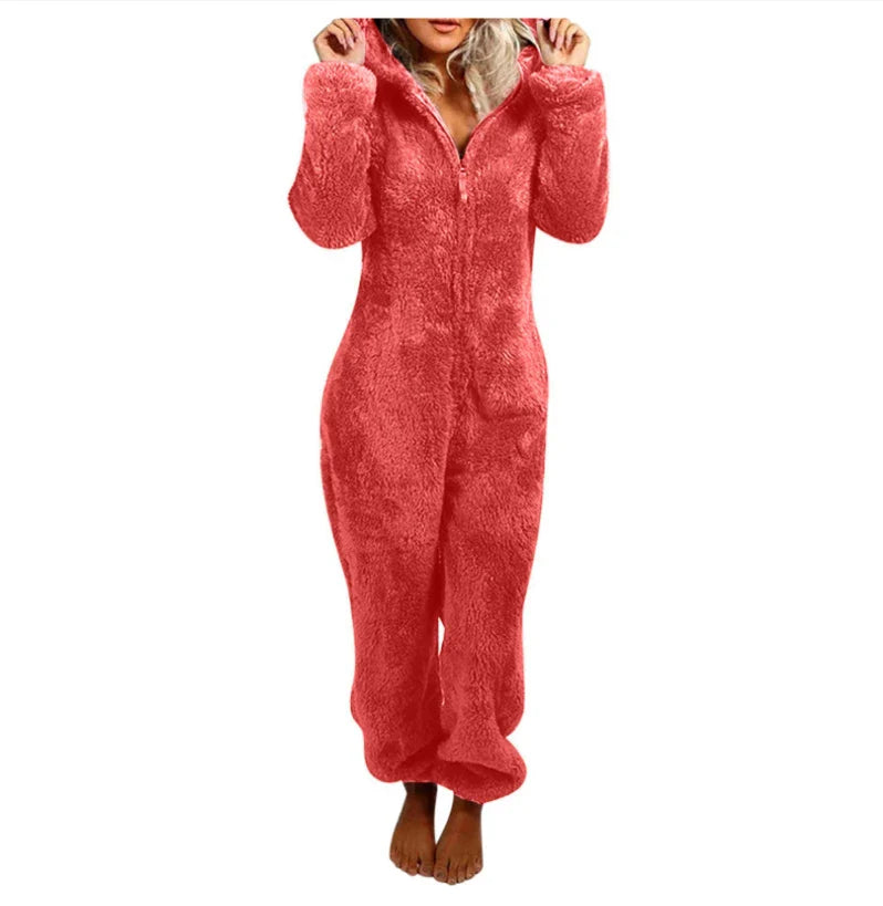 Women's One-Piece Hooded Jumpsuit Thickened Full-Length Overalls Cozy Autumn Winter Wear
