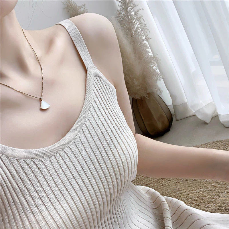 Striped Midi Dress Mesh Korean Patchwork Spaghetti Strap