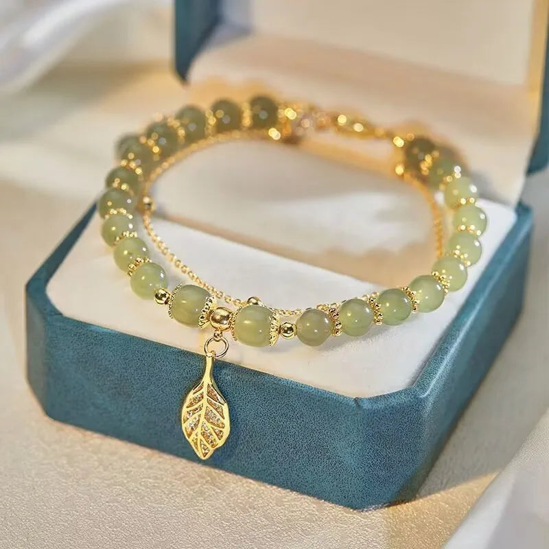 Chinese Style Green Jade Bracelet for Women with Gold Leaves Double Chain Design Elegant Bangle Gift for Special Occasions