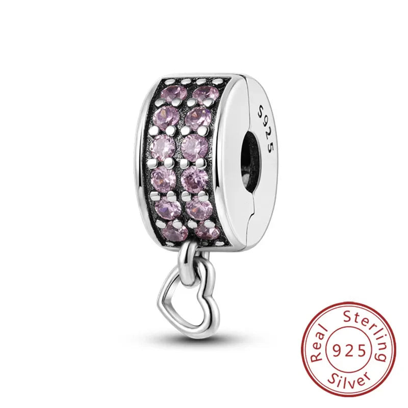 Fit Original 925 Sterling Silver Clip Charms with Zircon and Silicone Spacer Beads for Women DIY Bracelet Gift
