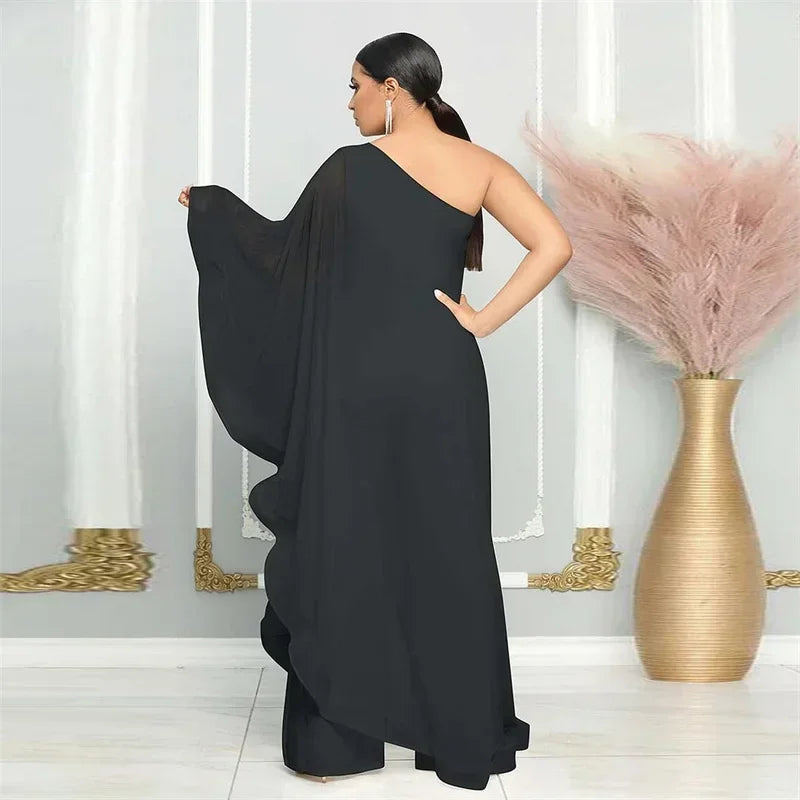 Elegant Chiffon One Shoulder Wide Leg Jumpsuit for Women Evening Party Birthday Romper Overalls Stylish One Piece Combinaison Femme