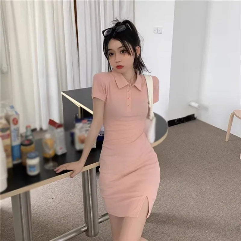 Women Summer Dress Short Sleeve Mini Turn Down Collar