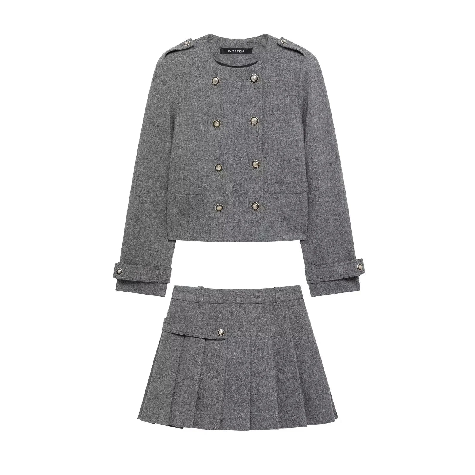 Double Breasted Epaulet O Neck Jacket with Chic Sashes and Pleated Mini Skirt Women's Streetwear Suit