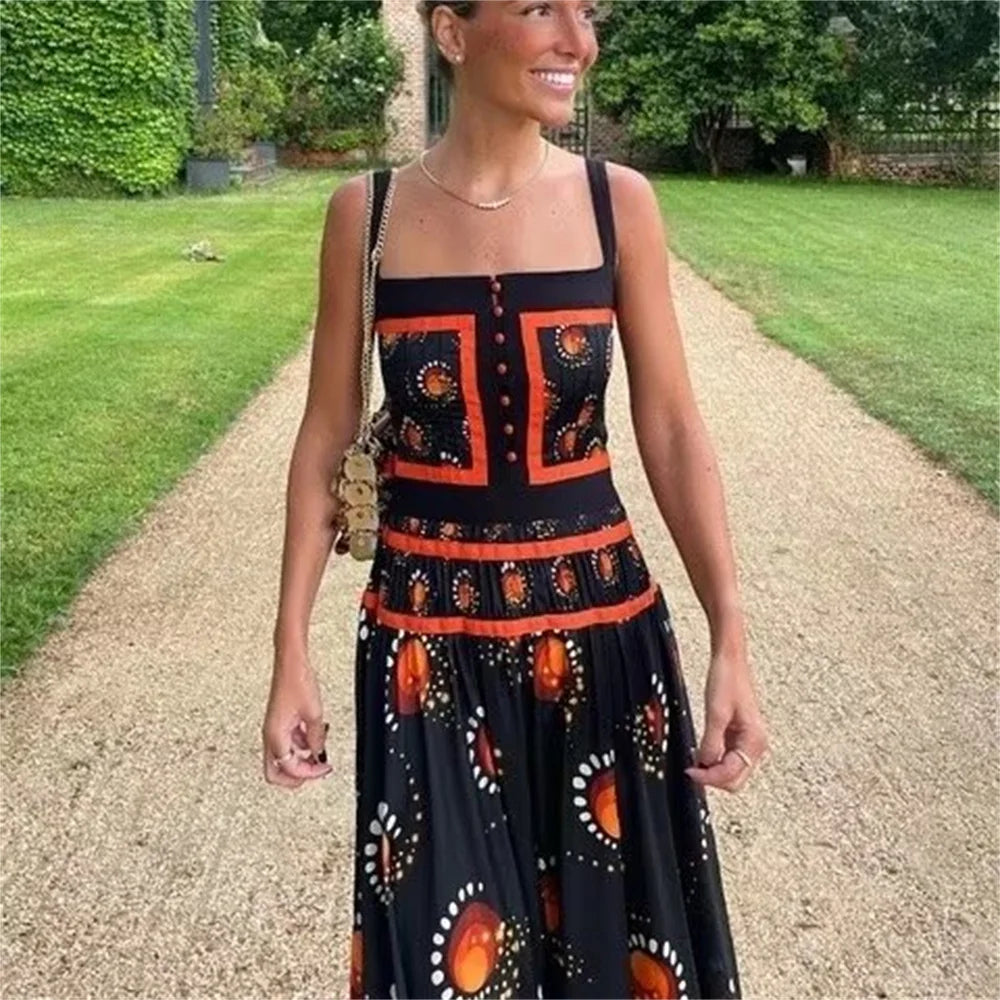 Autumn Womens Suspender Dress Printed Slim Fit Chic