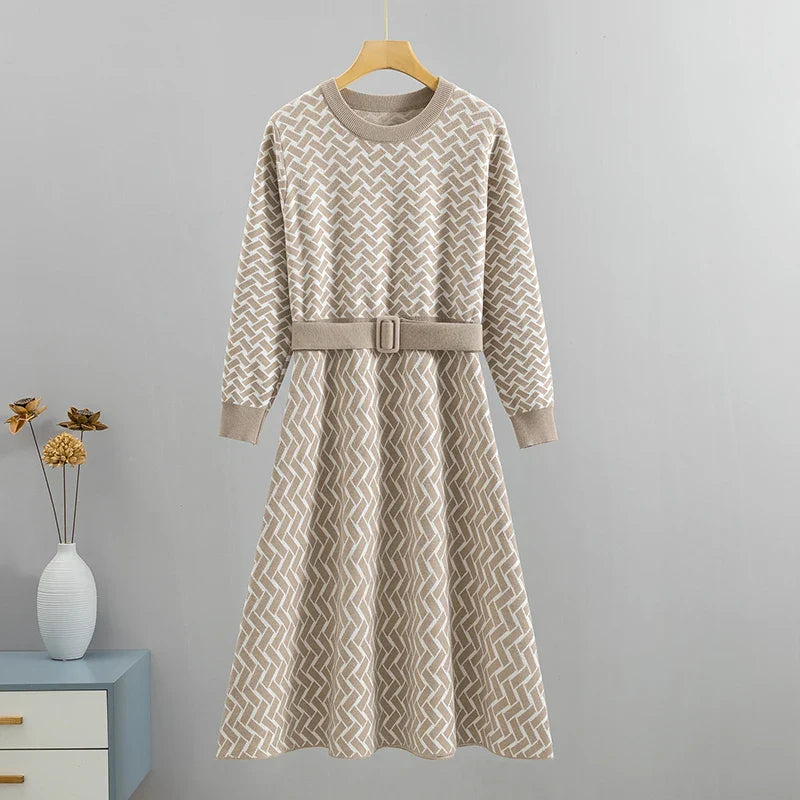 Jacquard Knit Sweater Dress With Belt Elegant Pleated Maxi