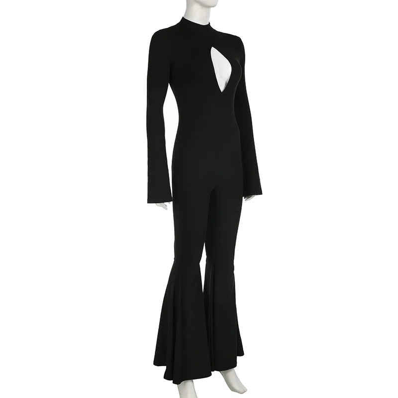 Slim Fit Hollow Out Long Sleeve Semi High Neck Jumpsuit with Elastic Waist Solid Color Women's Slim Pants Y2K Inspired Bottoms