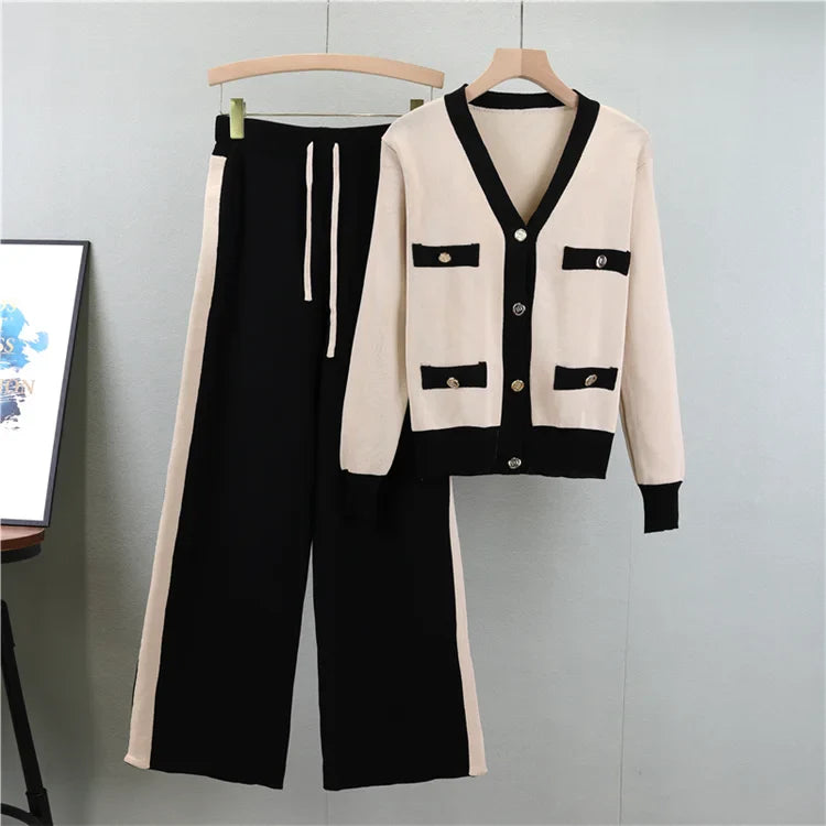 Women's Knitting V-Neck Cardigan and Wide Leg Pants 2-Piece Sweater Suit for Autumn and Winter Fashion