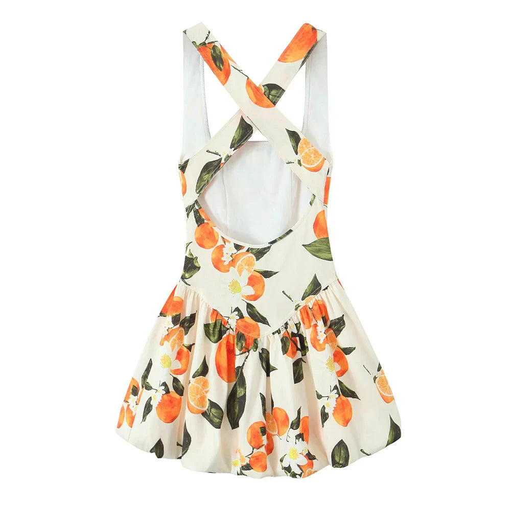 White Sleeveless Cross Back Dress With Orange Fruit Print