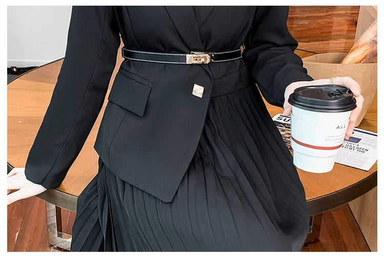 Faux Two Piece Dress With Blazer Collar Pleated Skirt