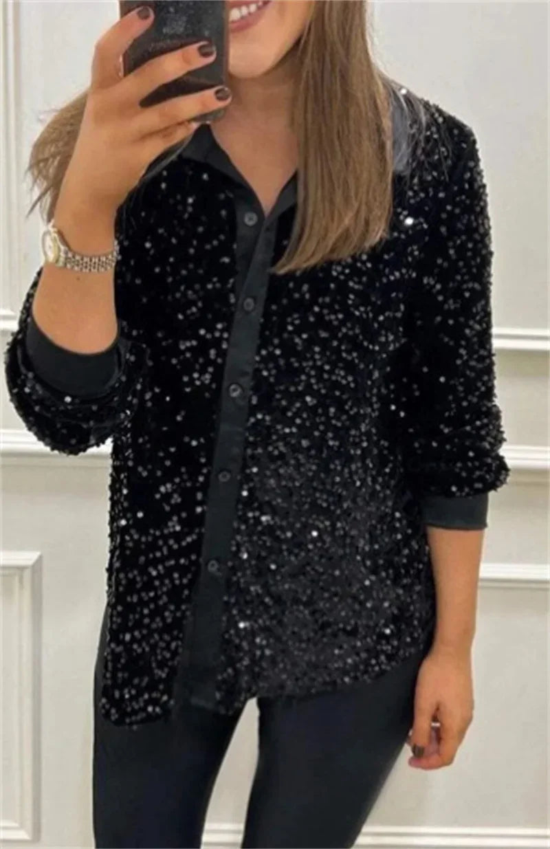 Sequin Lapel Women's Black Shirt Casual Glitter Loose Long Sleeve Single Breasted Retro Party Top Streetwear