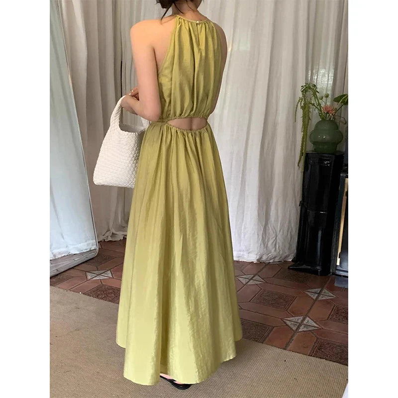 Elegant Y2K Halter Neck Dress Off Shoulder Hollow Waist