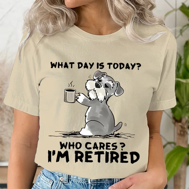 Funny Cat Schnauzer Retired T-Shirt for Women Comfortable Round Neck Graphic Tee