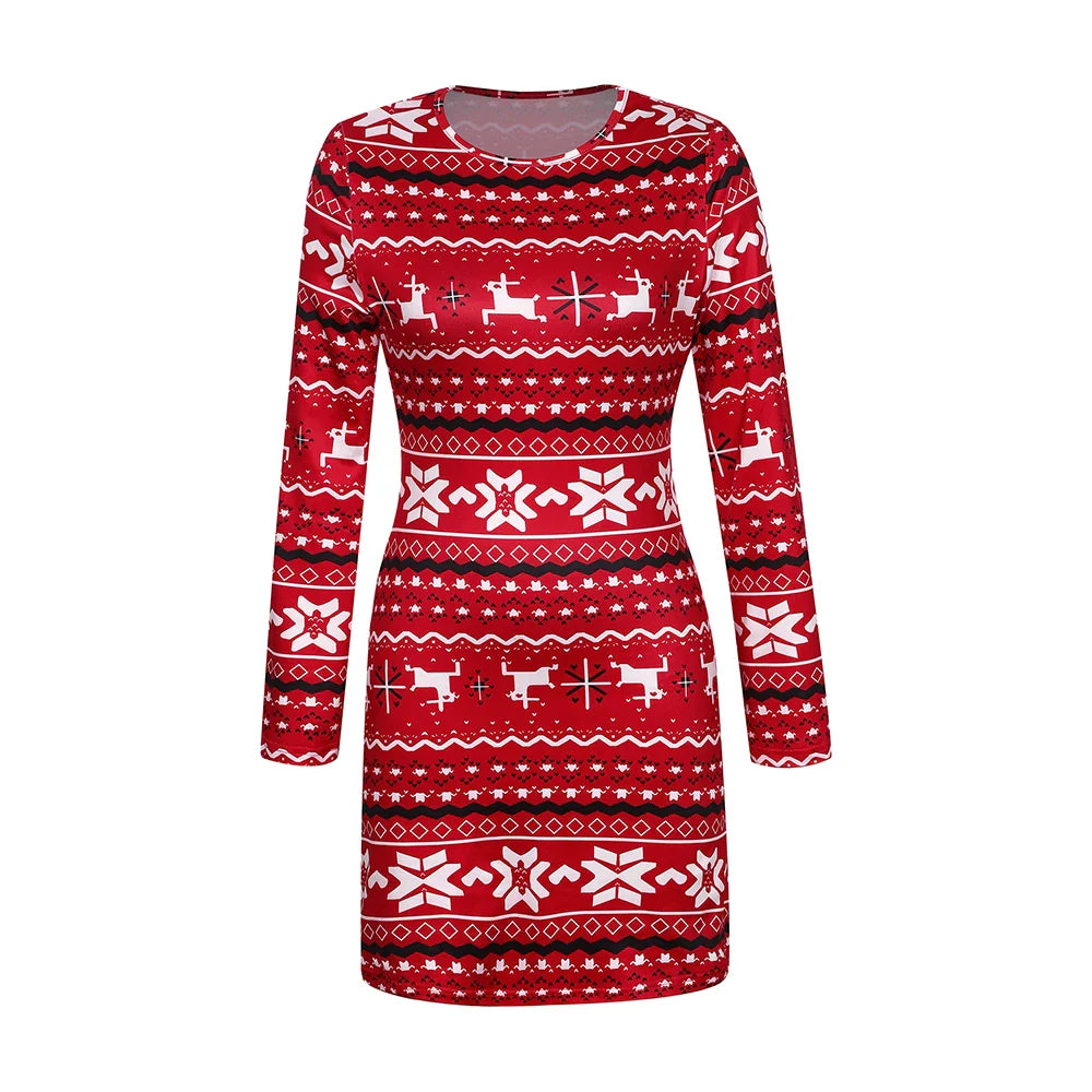 Elegant Red Snowflake Bodycon Christmas Dress For Women
