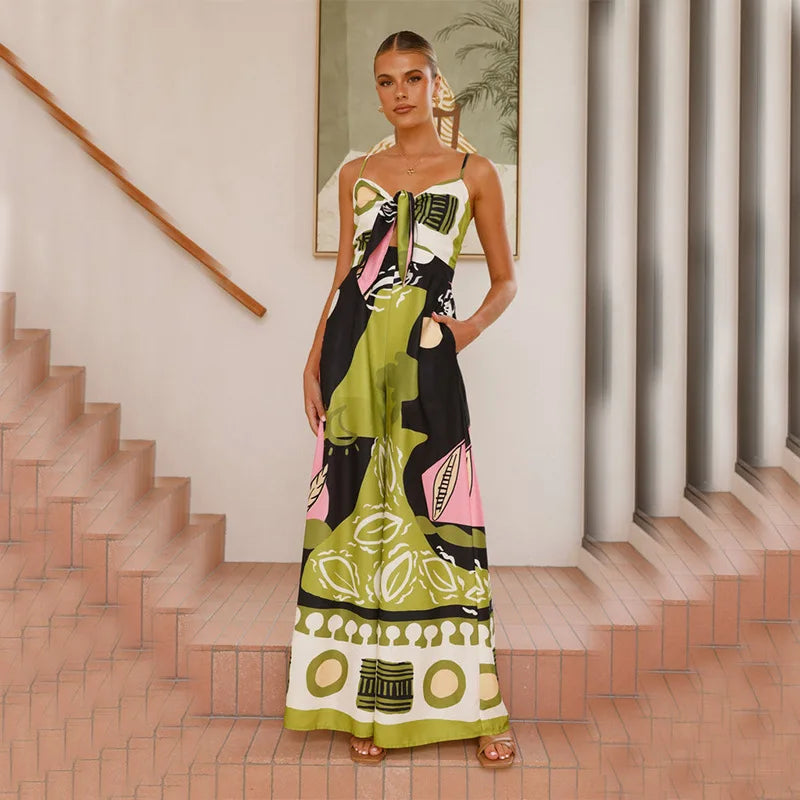 Women's Summer Printed Spaghetti Strap Jumpsuit with Hollow Out Lace-Up Detail High Waist Wide Leg Bohemian Style