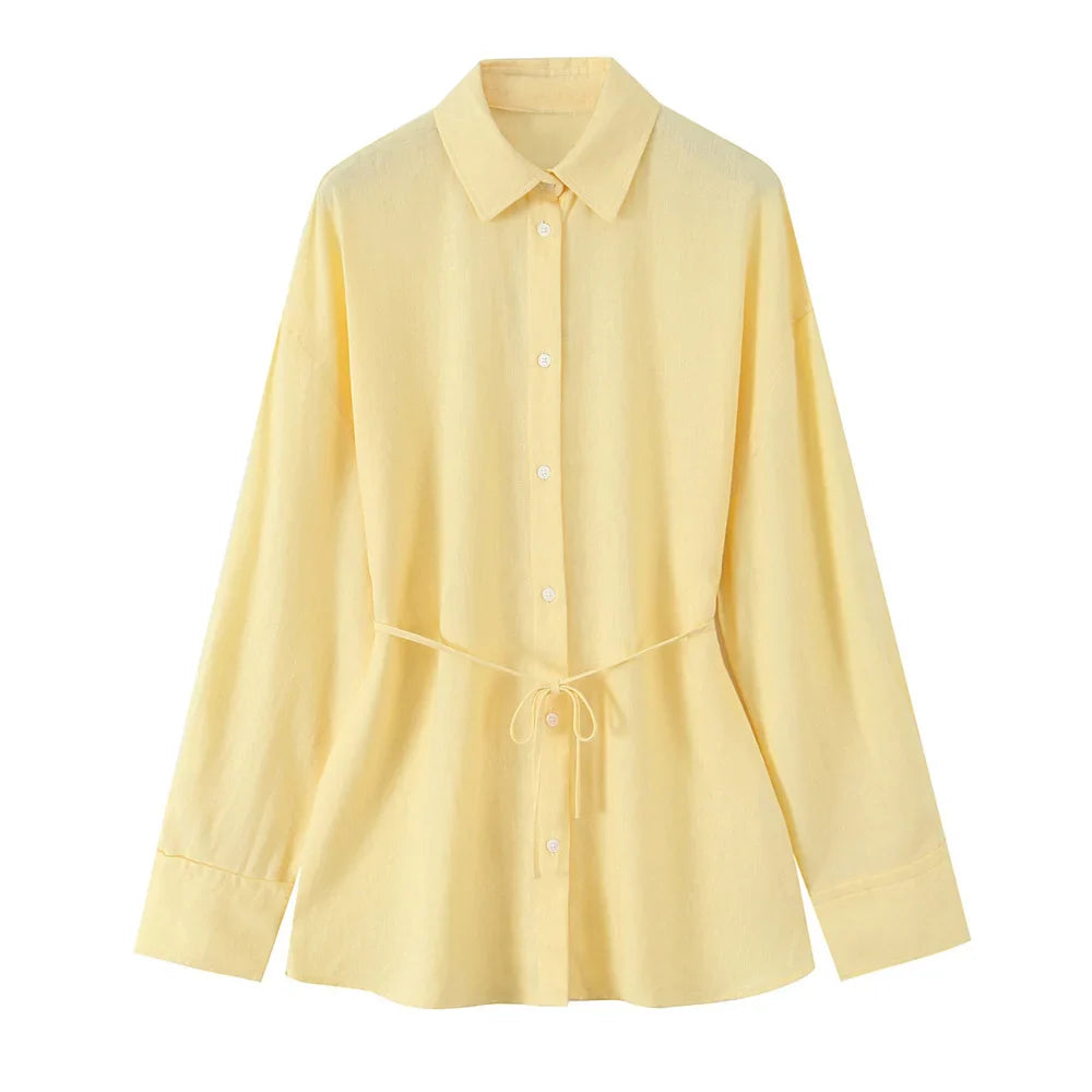 Loose Fitting Women's Shirt with Lapel and Buckle Solid Color Design Casual Chic Spring and Summer Blouse