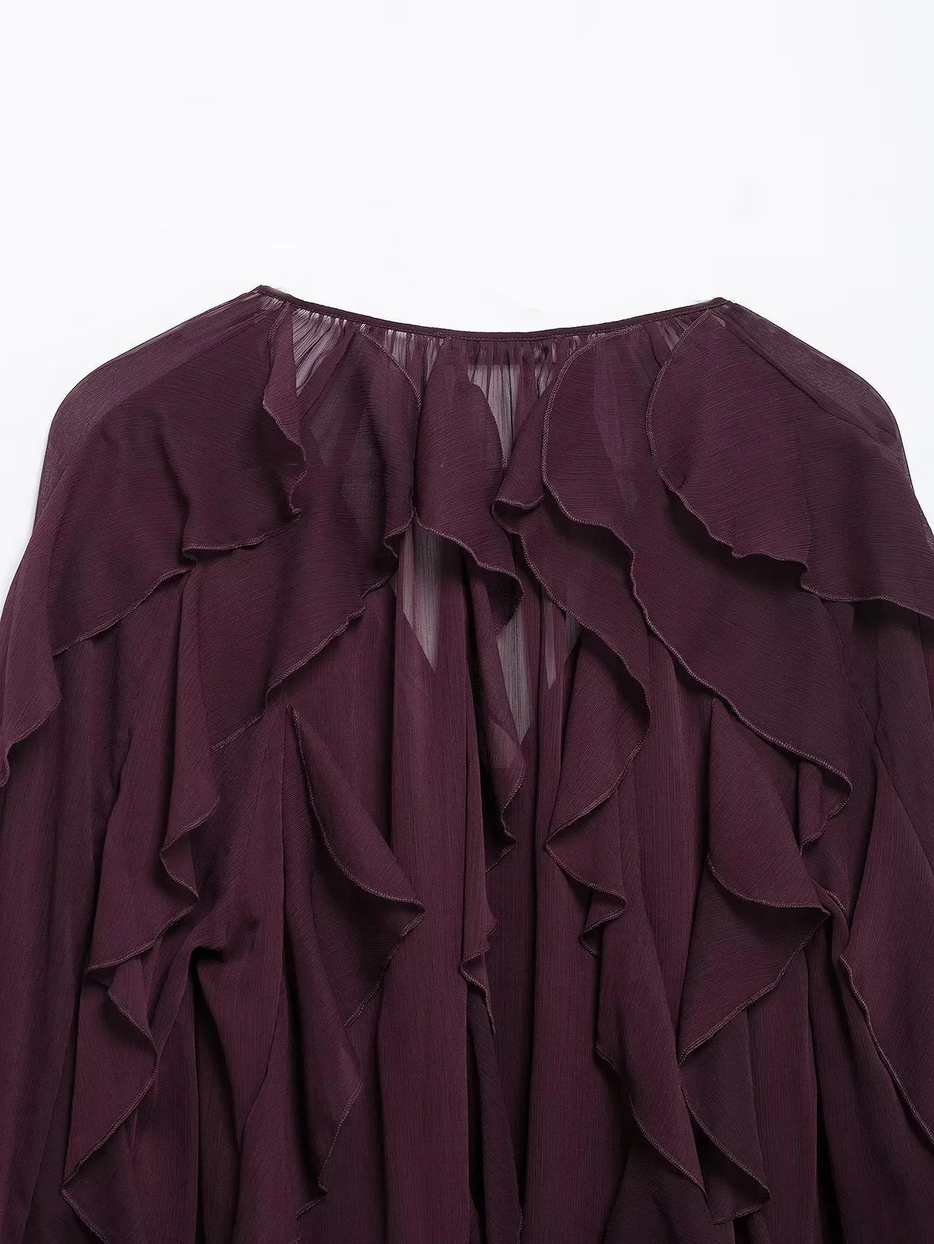 Burgundy Mesh Ruffle Blouse for Women Long Sleeve Sheer Loose Fit Elegant Party Top