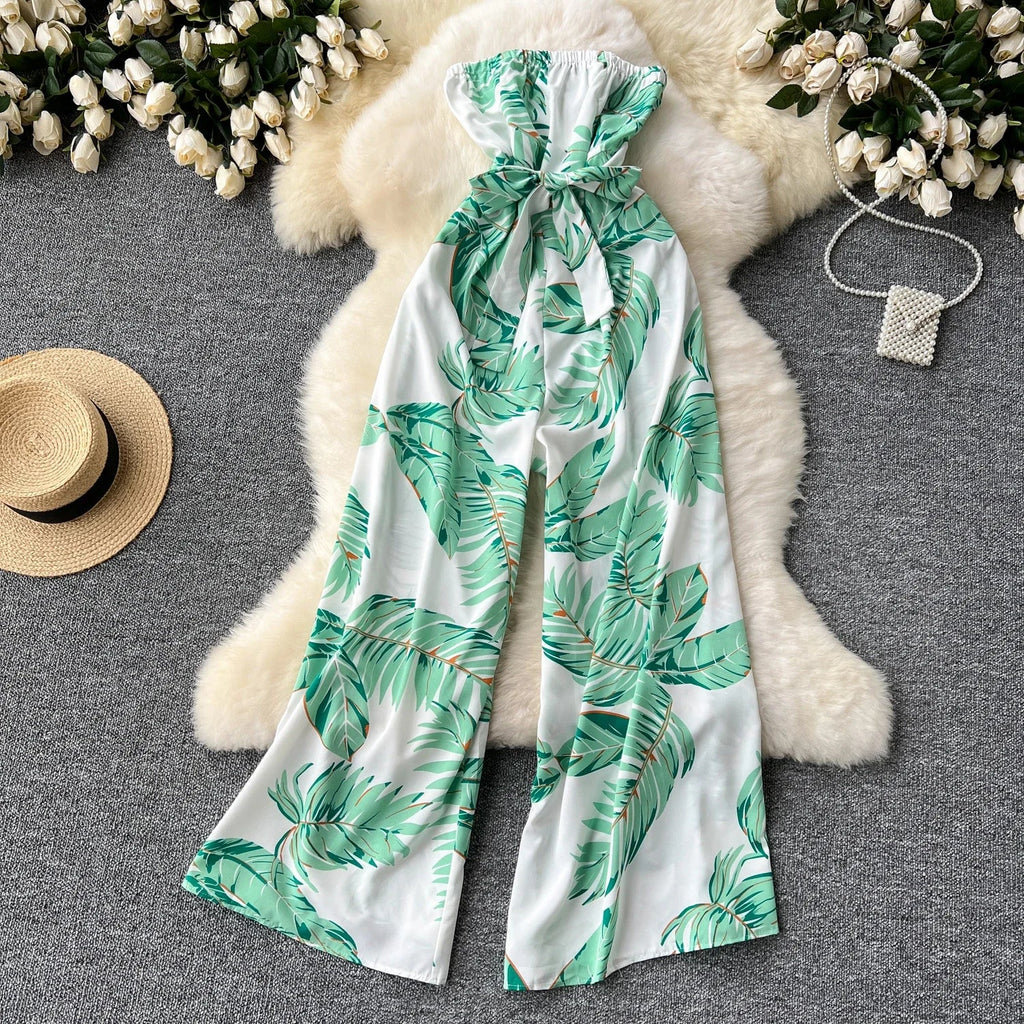 Women's Elegant Suspender Jumpsuit Sexy Printed Casual Hip Waist Overalls Romper