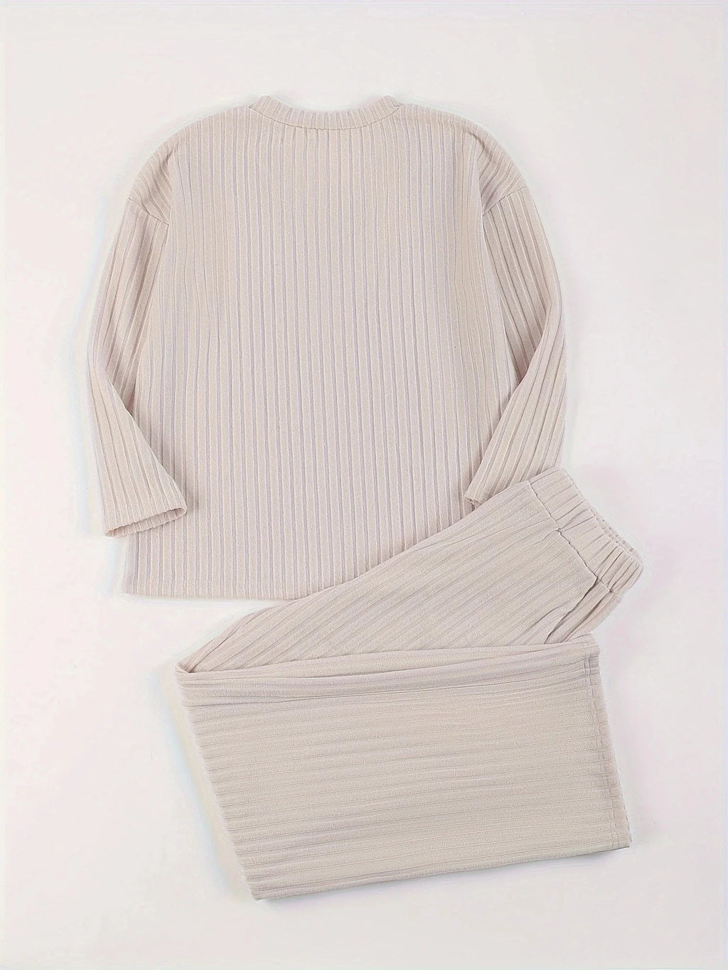Autumn Winter Loose Casual V Neck Striped Knitted Two-Piece Set with Long Sleeve Top and Straight Tube Pants