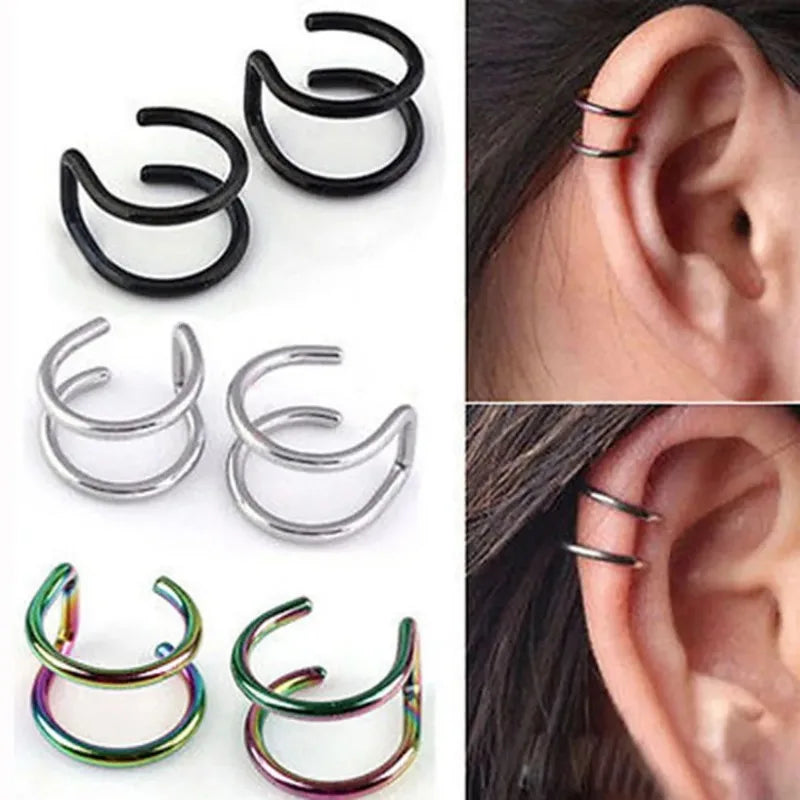 2Pcs Stainless Steel Clip On Ear Cuffs Fake Lip Ring Non Piercing Labret Rings for Men and Women